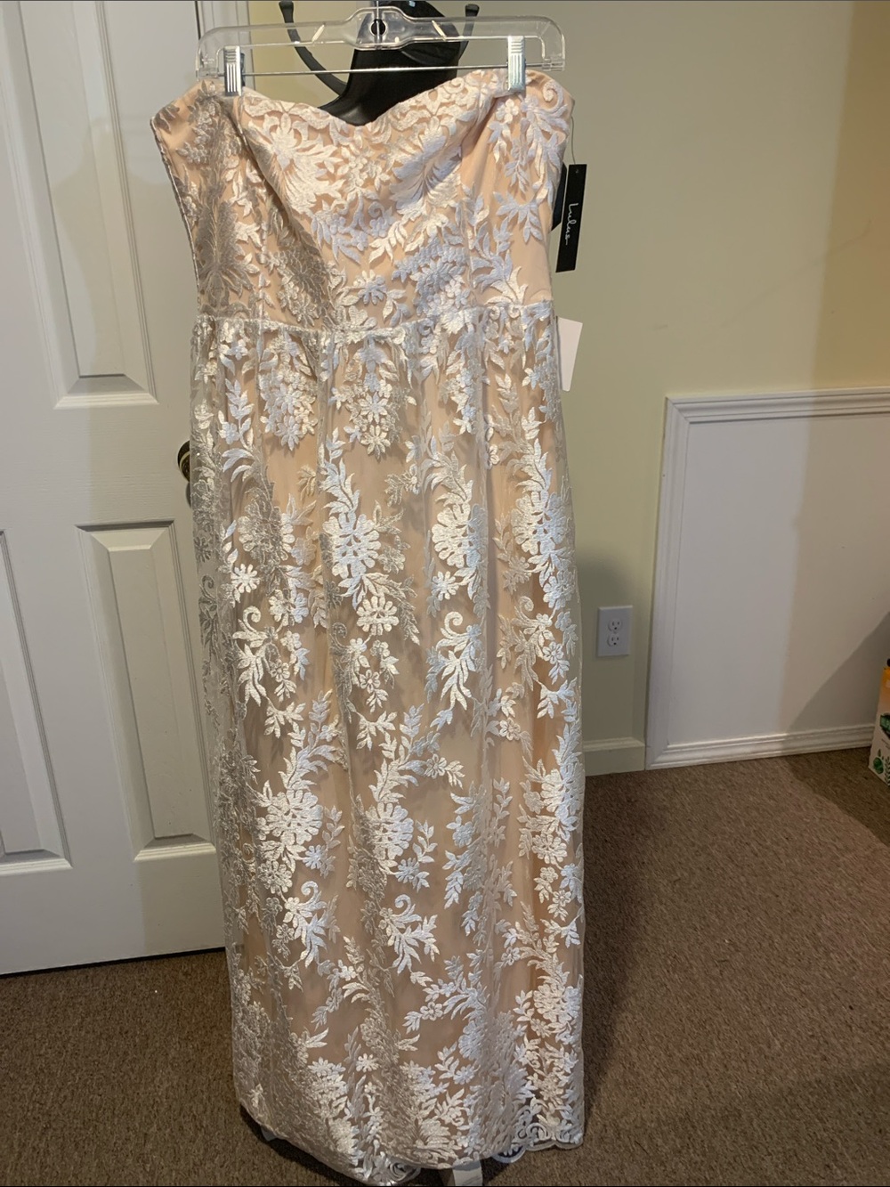 Faviana Strapless Lace Gown in Blush and White